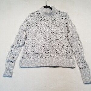 American Eagle M Sweater Open Knit Gray Crochet Cropped Mock Neck Preppy Cotton